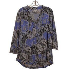 Charter Club Blue-White-Black Prints Pattern Polyester-Spandex V-Neck Blouse L